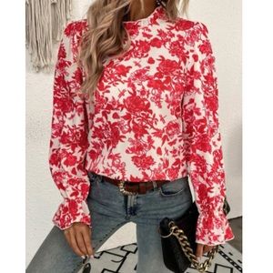 Boho floral print flounce sleeve blouse